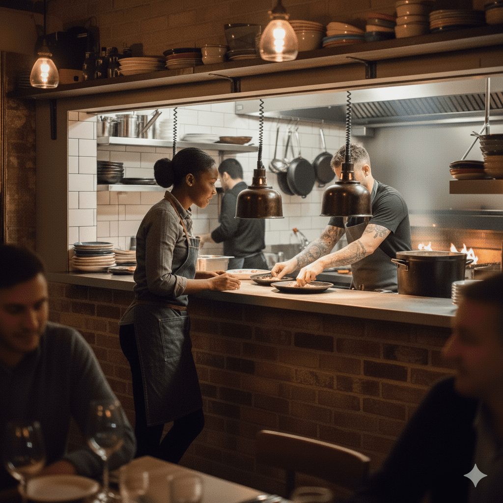 Serveuse récupérant un plat au passe en coordination avec le chef, illustrant l’organisation fluide entre salle et cuisine dans un restaurant.
