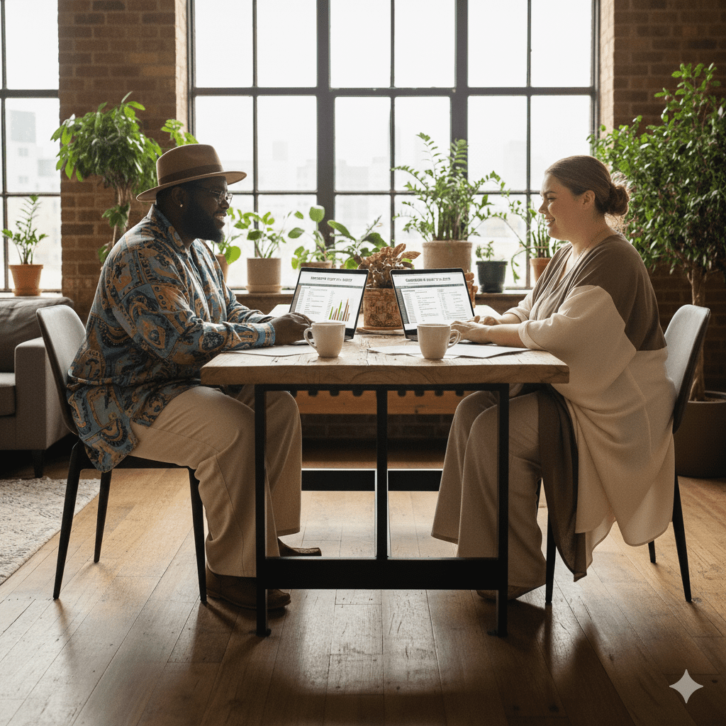 Deux consultant·es travaillant sur un diagnostic avec des tableaux et données sur ordinateur, illustrant l’audit.