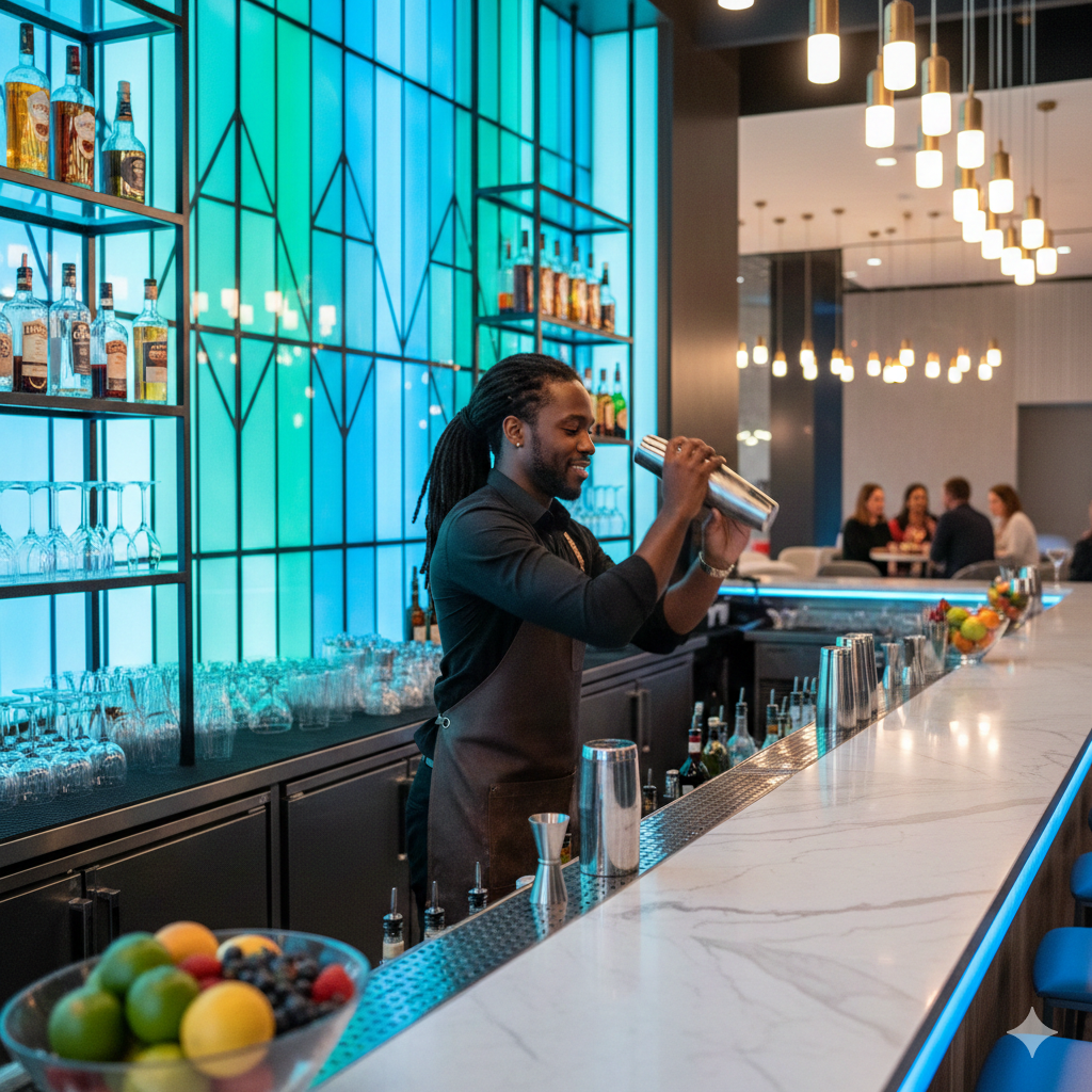 Barman préparant un cocktail au shaker derrière un bar moderne, illustrant l’expertise bar et la culture du spiritueux.