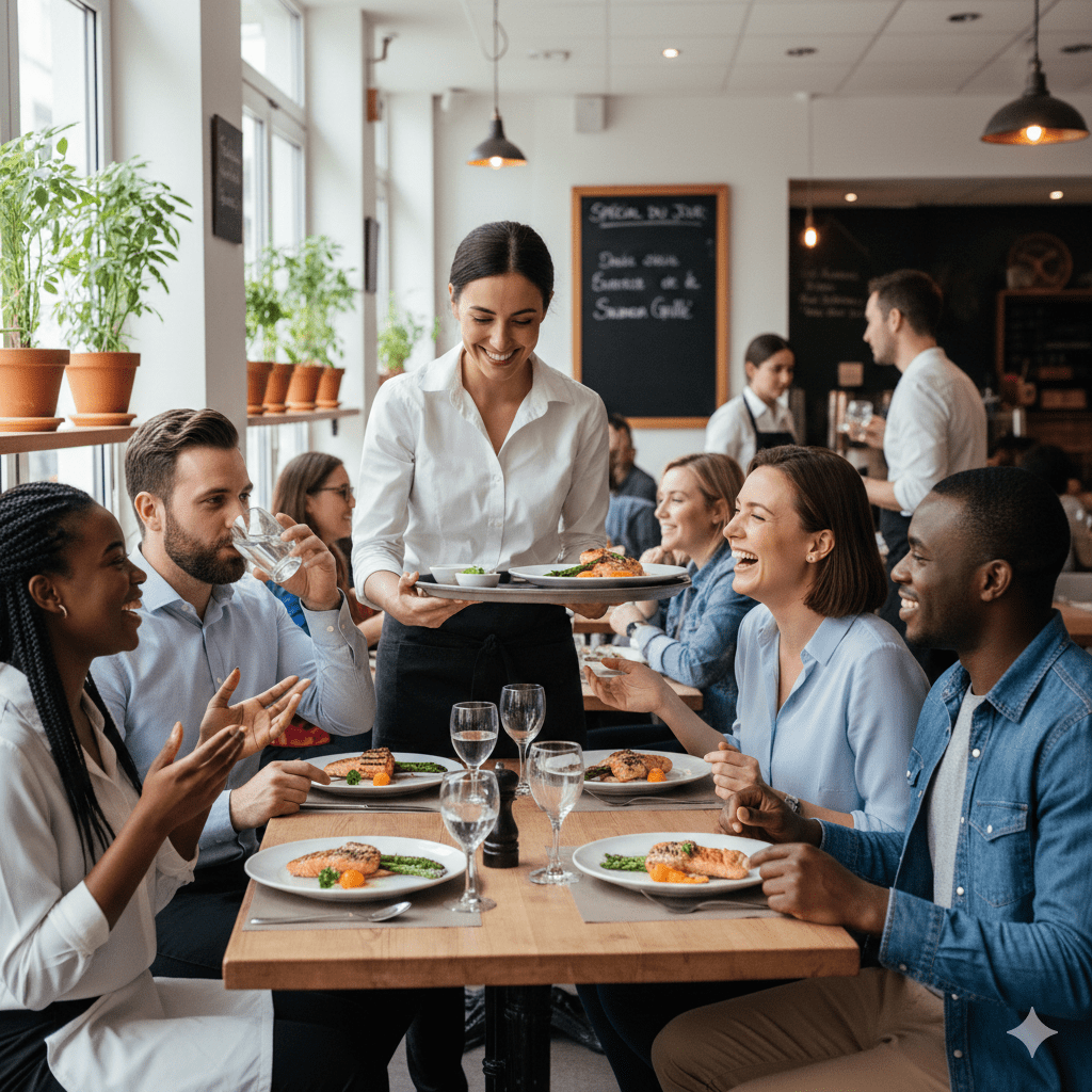 Serveuse apportant des plats à une table de clients souriants dans un restaurant animé, illustrant la formation des équipes et la qualité du service.