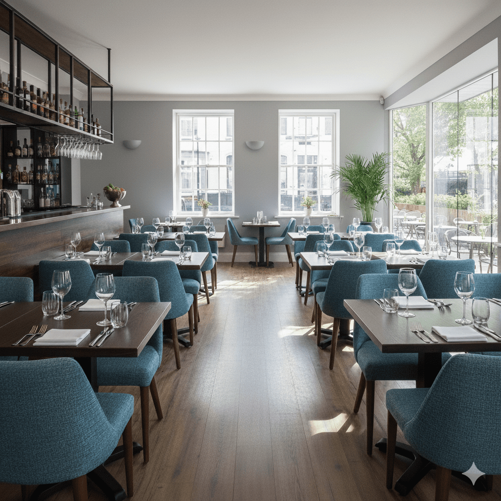 Salle de restaurant lumineuse et élégamment dressée, illustrant une mise en place soignée et une organisation optimale.