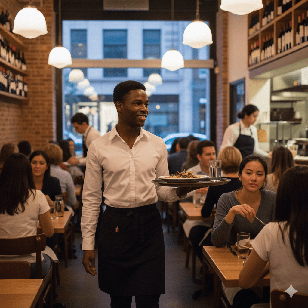 Serveur professionnel souriant apportant un plat dans un restaurant chaleureux et rempli, illustrant la qualité du service et l’expertise terrain.